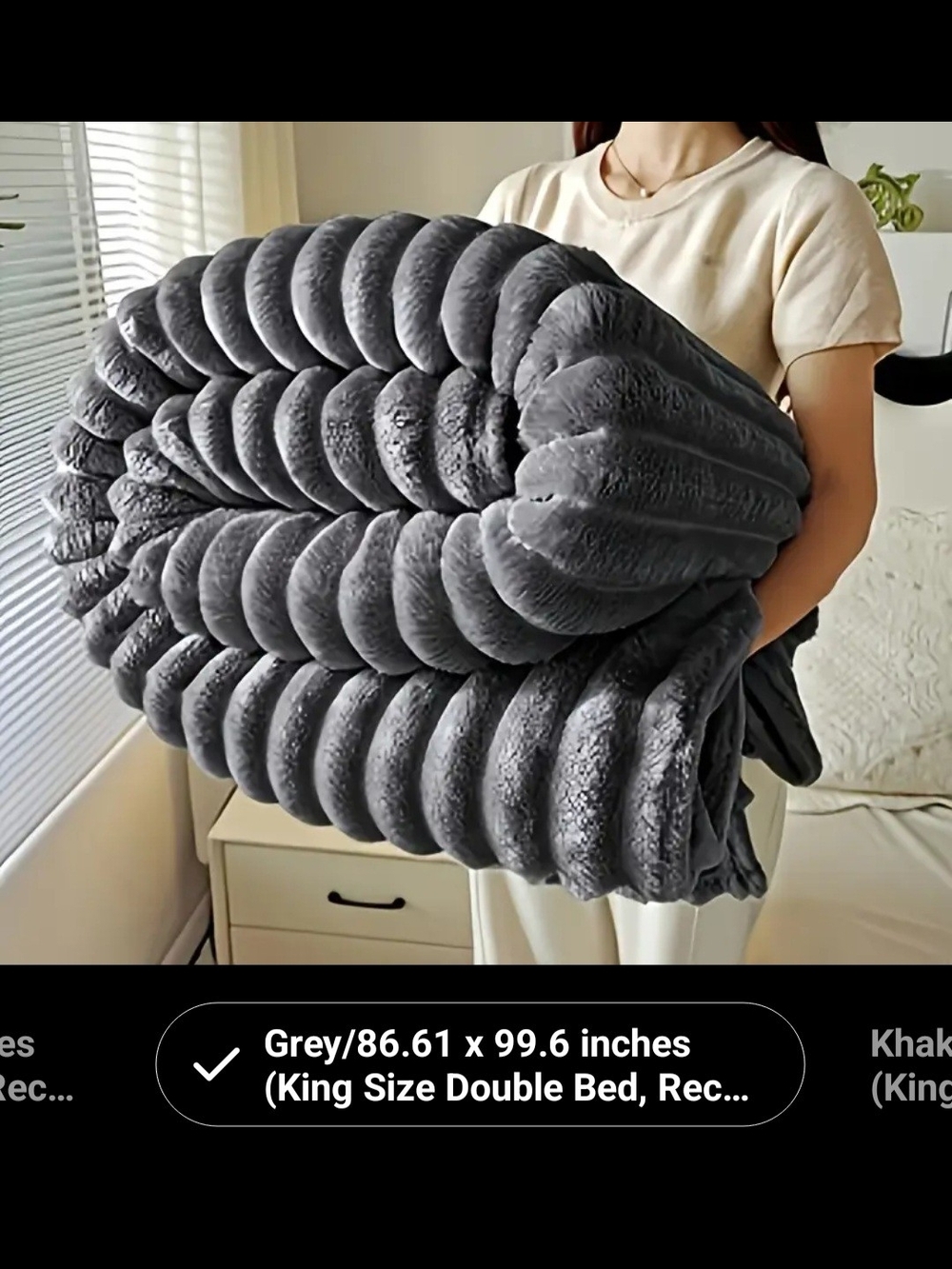 New King Plush Ribbed Grey Throw Blanket - Home Bedding